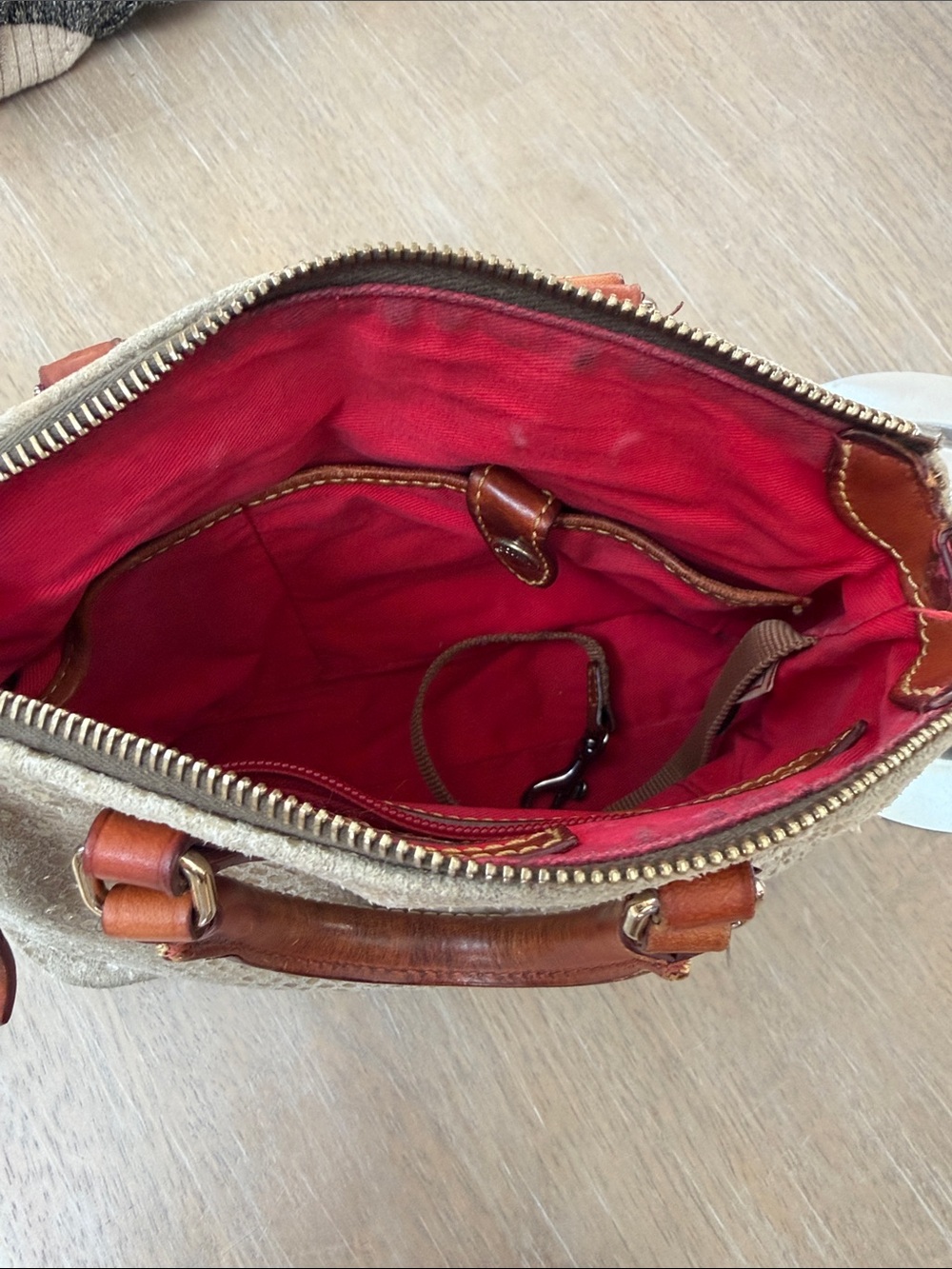 Dooney & Bourke taupe suede snake textured satchel w/British tan leather trim - Picture 6 of 11
